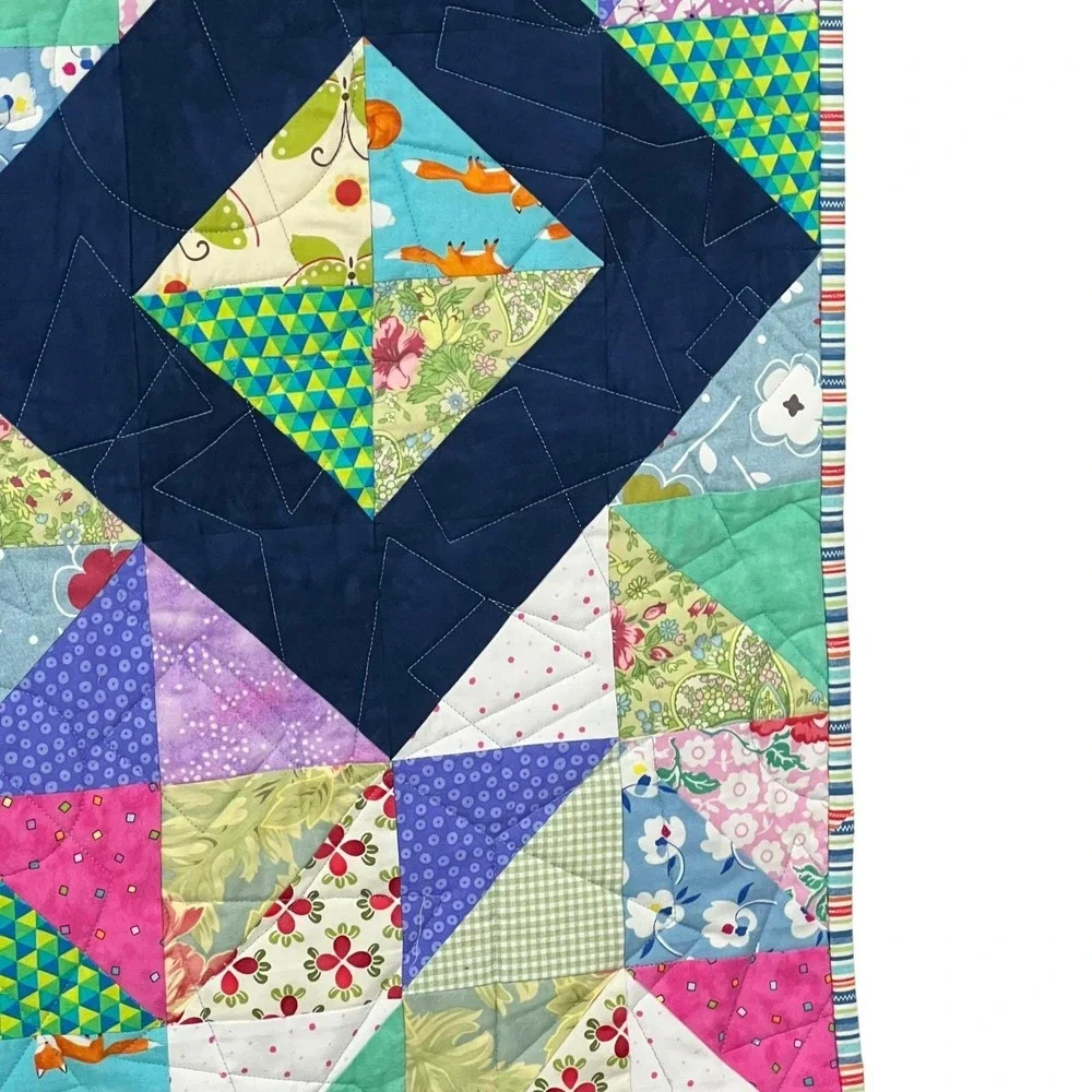 Handmade‎ Patchwork Quilt 37x48 Navy Diamond Throw Cottagecore